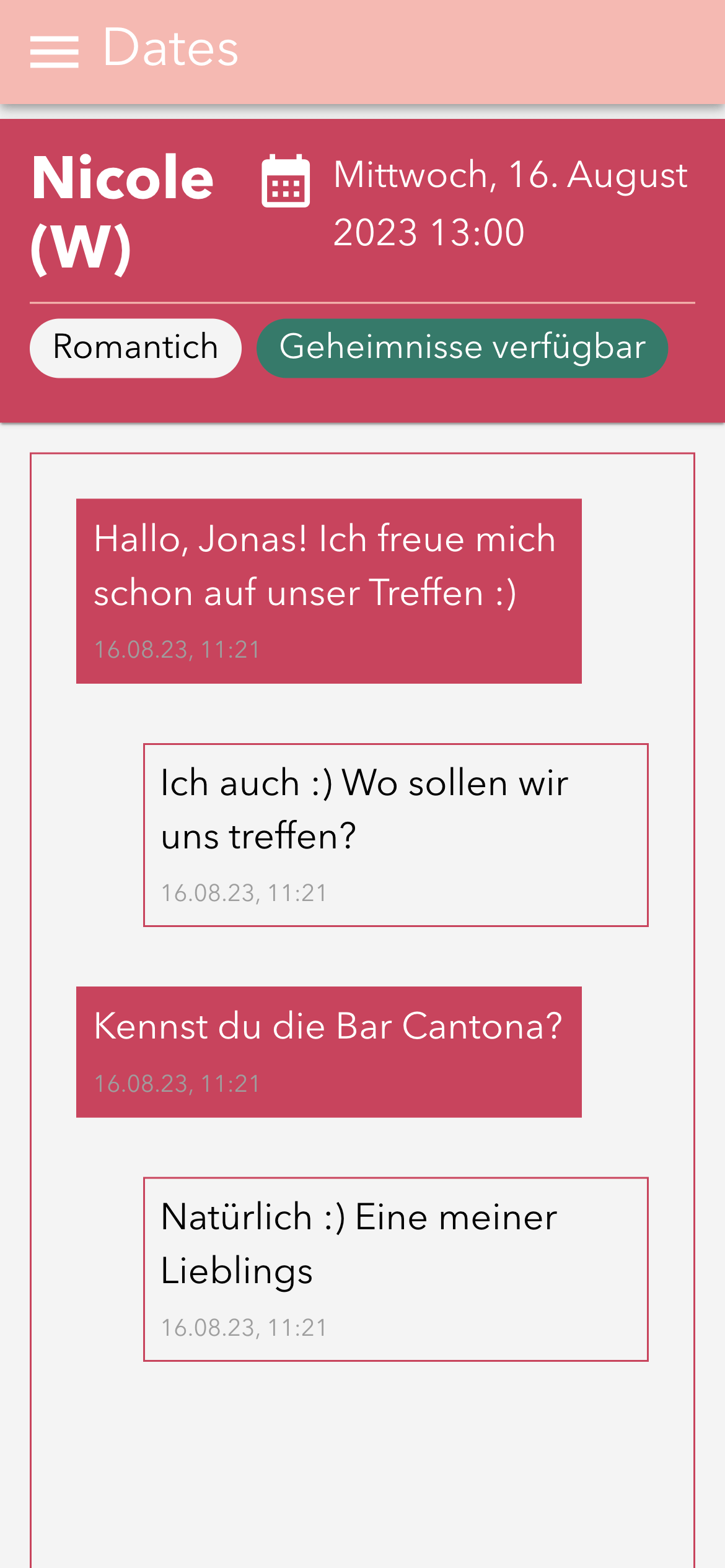 Screenshot der Namuho App zeigt den Beginn eines kurzen Chats mit einer Person, die für eine Verabredung gefunden wurde