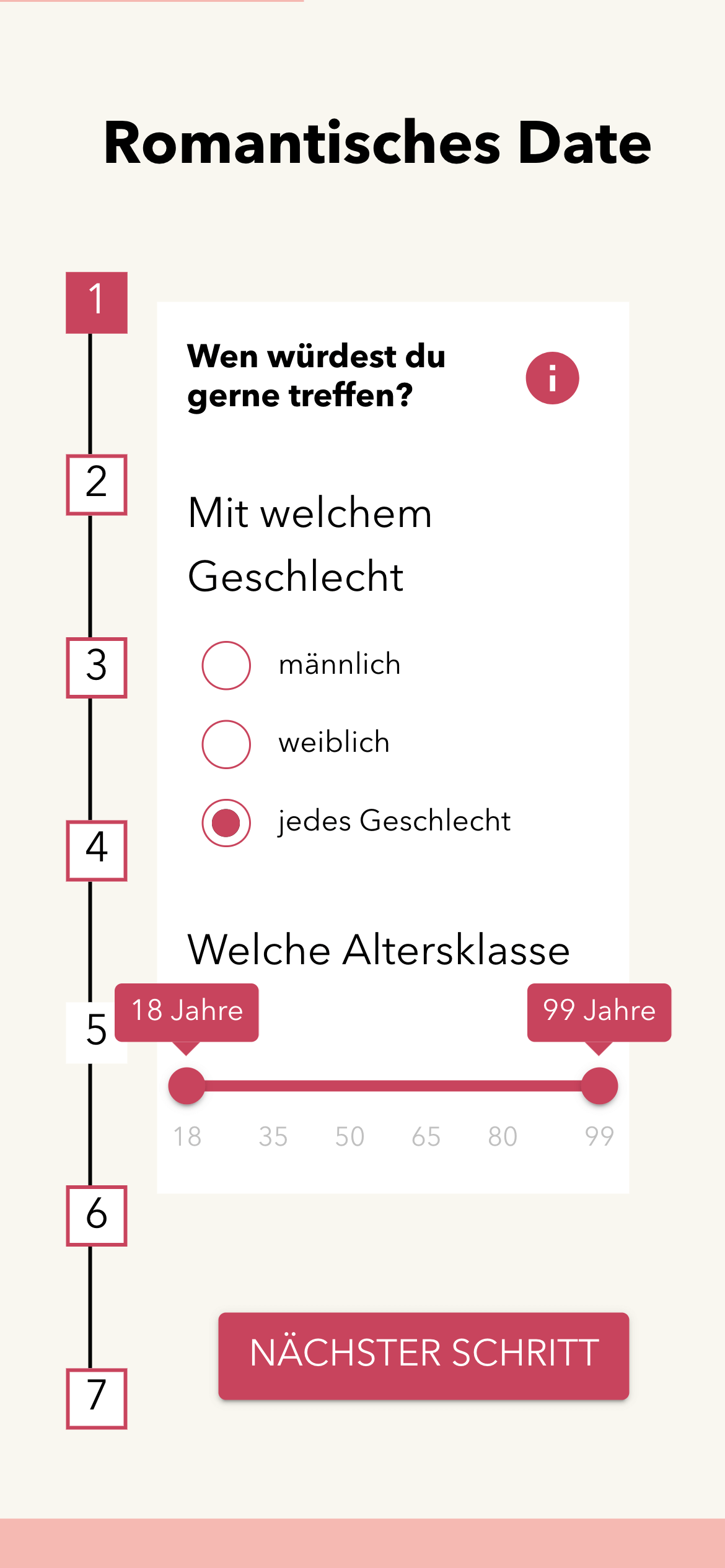 Ein Screenshot der Namuho App zeigt das Anmeldeformular mit der Frage, wen du treffen möchtest - Geschlecht und Alter. 